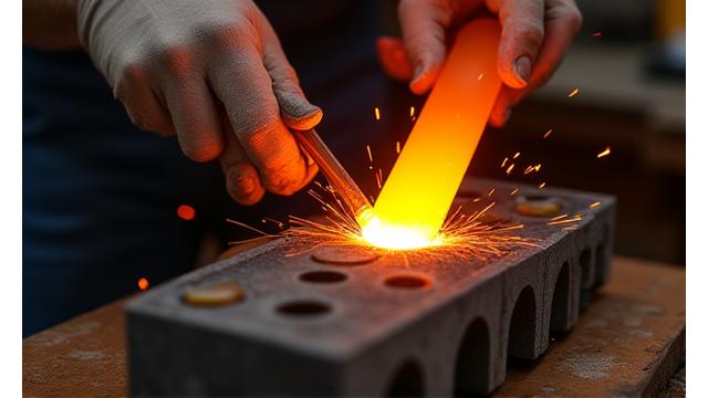 溶けた鉛合金が型に流し込まれる様子