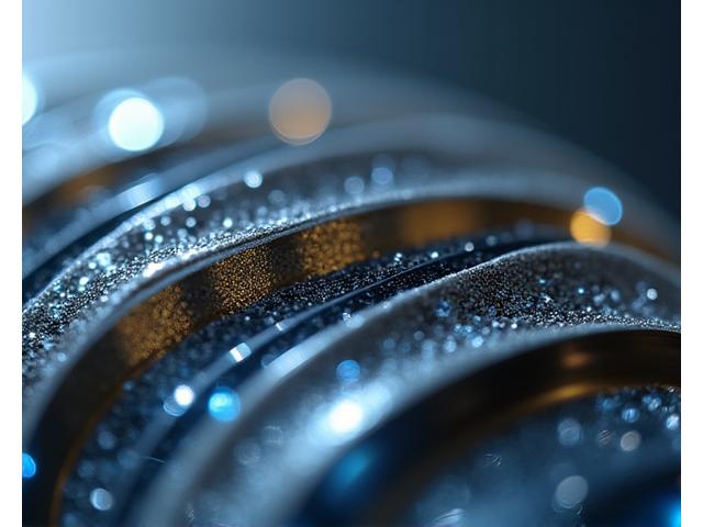 特殊表面処理が施された釣具の金属部品のクローズアップ。光沢のある表面に微細なコーティングの層が見え、材料の断層図解が重ねられているイメージ。