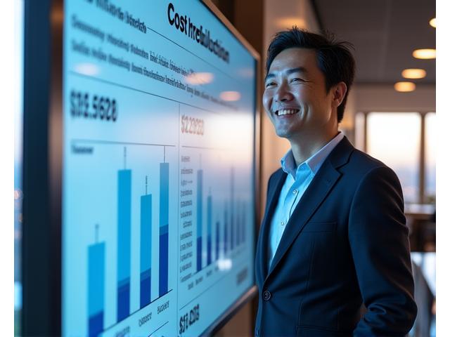 釣り具メーカーのオフィスで、グラフとデータが表示されたモニターが並び、コスト削減の成果を喜ぶビジネスパーソンが笑顔でいる様子。背景には在庫棚が簡素化されている。